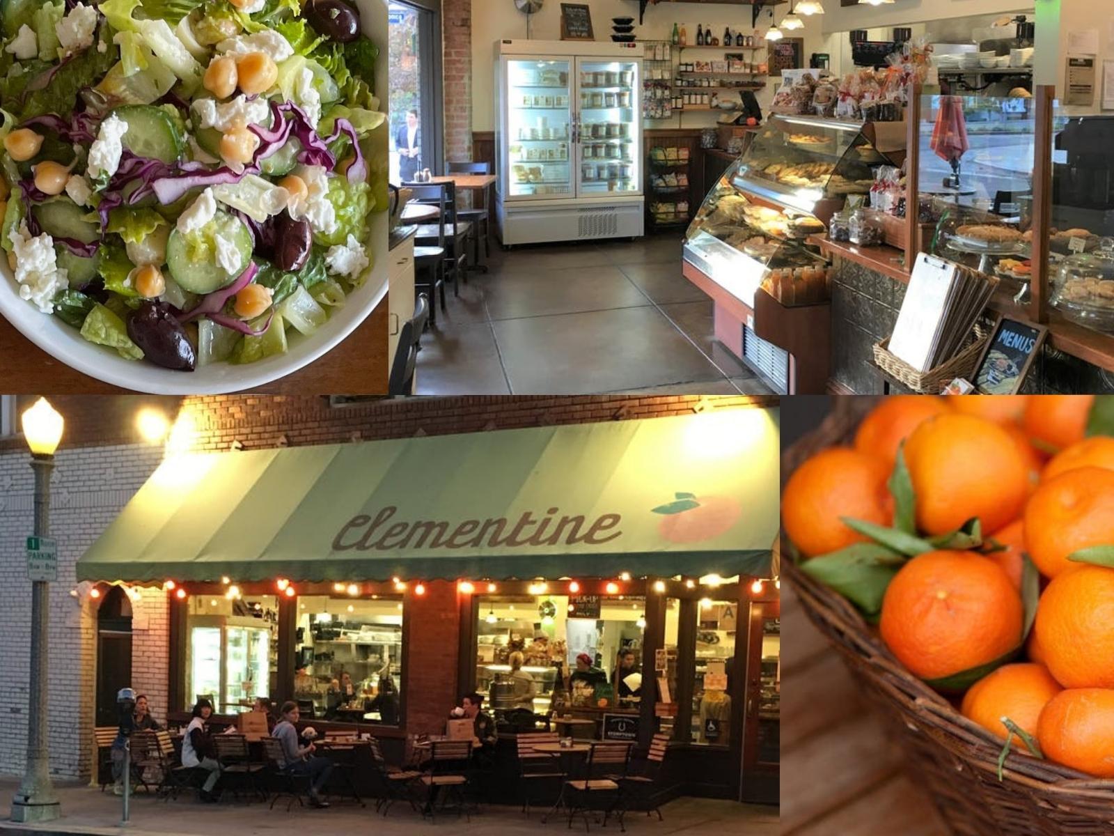 Photo collage with Greek Salad, interior of store, exterior storefront, basket of clementines