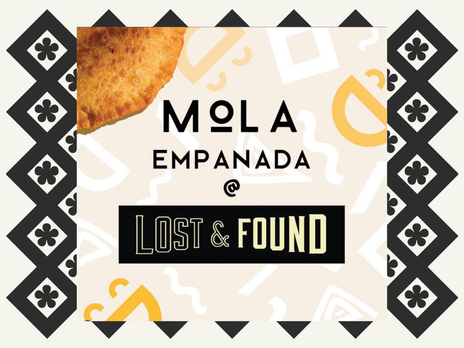 Logos for Mola Empanada and Lost & Found displayed against a black and white background