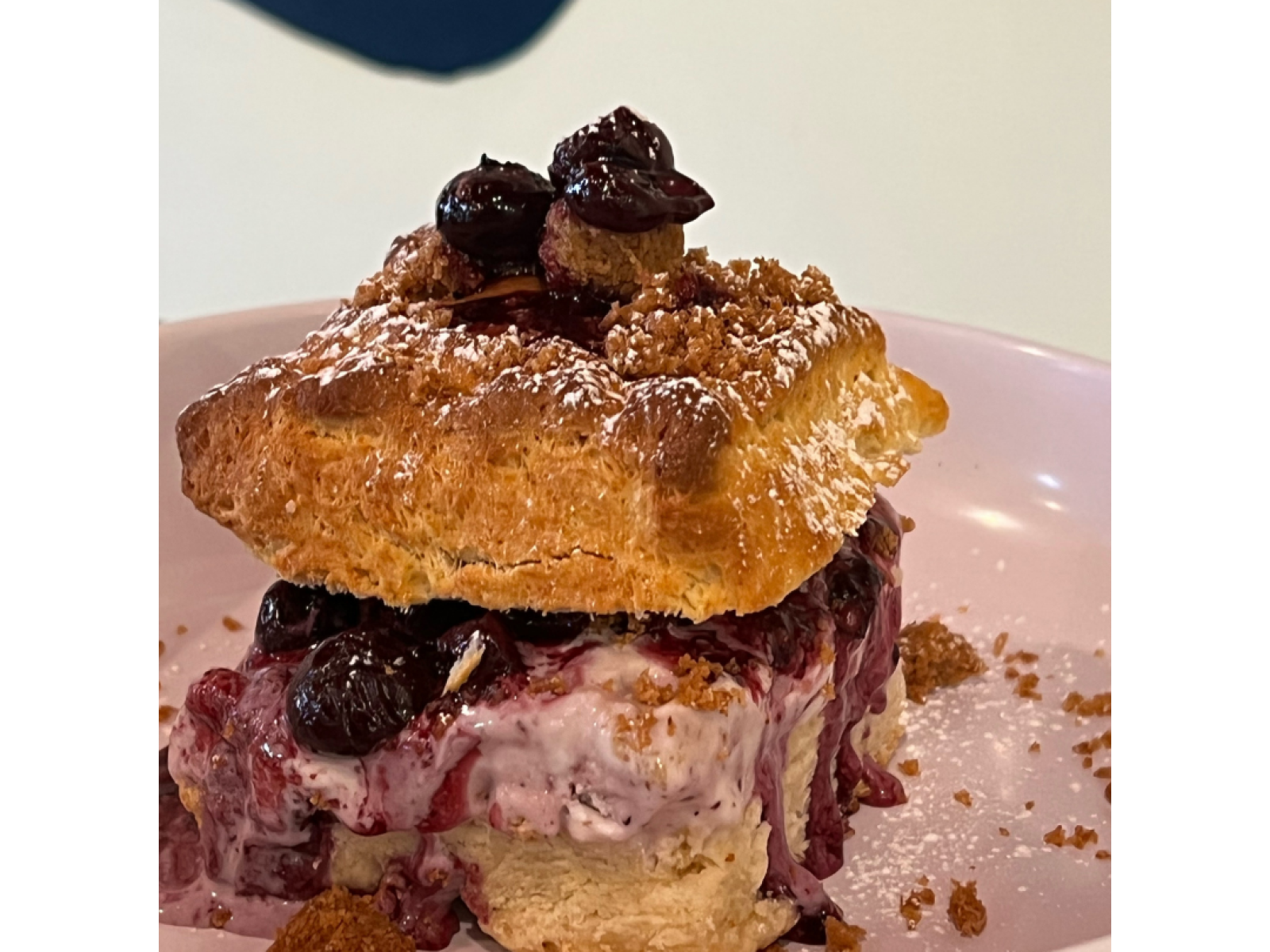 A biscuit ice cream sandwich with blueberry sauce, graham crackers, Marionberry Ice Cream, and blueberries